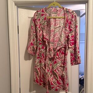 LOFT Pink Leaf-Print Romper with Green and Cream Accents